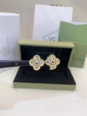Gelbes Goldweißes Perlmutt Weinlese-Alhambra Medium Clip Earringss 18K GEGEN Diamanten